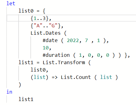 Figure 11 - List.Transform: the input is a list of lists.